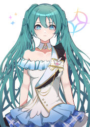 Rule 34 | 1girl, asymmetrical clothes, detached collar, expressionless, green hair, hatsune miku, highres, idolmaster, idolmaster shiny colors, long hair, looking at viewer, simple background, solo, sparkle print, suyaya oyasumi, twintails, upper body, very long hair, vocaloid, white background