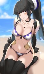 Rule 34 | 1girl, android, arms behind back, beach, bikini, bikini tug, black hair, black thighhighs, blush, breasts, cleavage, day, doko tetora, fate/grand order, fate (series), hair ornament, joints, katou danzou (fate), large breasts, long hair, ocean, ponytail, robot joints, side-tie bikini bottom, sitting, solo, sunlight, swimsuit, thighhighs, wariza, white background, yellow eyes