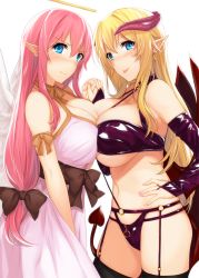 Rule 34 | 1000000000, 2girls, :p, angel, angel and devil, angel wings, bandeau, blonde hair, blue eyes, blush, bow, breast press, breasts, choker, cleavage, demon girl, demon horns, demon tail, demon wings, detached sleeves, dress, earrings, female focus, garter straps, hair bow, halo, horns, huge breasts, jewelry, long hair, looking at viewer, low-tied long hair, multiple girls, nail polish, navel, o-ring, pink hair, pointy ears, revealing clothes, simple background, smile, strapless, symmetrical docking, tail, thighhighs, tongue, tongue out, tube top, underboob, wings