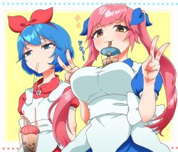 Rule 34 | 2girls, blue bow, blue eyes, blue hair, bow, breast conscious, breasts, bubble tea, bubble tea challenge, cup, disposable cup, double v, drinking, drinking straw, hair bow, highres, large breasts, long hair, multiple girls, object on breast, omega rei, omega rio, omega sisters, pink hair, puffy short sleeves, puffy sleeves, sakuramochi (sakura frappe), short hair, short sleeves, small breasts, twintails, v, virtual youtuber, yellow eyes