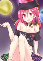 Rule 34 | 1girl, bare shoulders, breasts, chain, cleavage, clothes writing, collar, crop top, earth (ornament), hat, hecatia lapislazuli, keyaki chimaki, long hair, miniskirt, moon (ornament), multicolored clothes, multicolored skirt, off shoulder, open mouth, red eyes, red hair, shirt, skirt, smile, solo, t-shirt, touhou