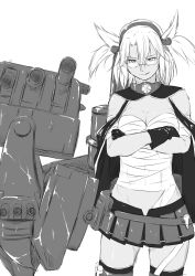 Rule 34 | 10s, 1girl, bandages, cannon, cape, collar, crossed arms, dark skin, dark-skinned female, glasses, gloves, greyscale, headband, highres, kantai collection, looking at viewer, messy hair, miniskirt, monochrome, musashi (kancolle), niwatazumi, pointy hair, sarashi, short twintails, sketch, skirt, smile, solo, thighhighs, twintails