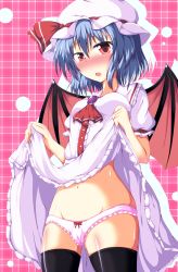 Rule 34 | 1girl, bat wings, black thighhighs, blue hair, blush, bow, clothes lift, hat, hat bow, highres, naba (take tonbo), open mouth, panties, pink panties, red eyes, remilia scarlet, short hair, skirt, skirt lift, solo, thighhighs, touhou, underwear, upskirt, wings