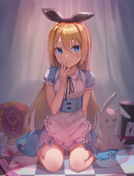 Rule 34 | 1girl, ace (playing card), ace of spades, alice (alice in wonderland), alice in wonderland, animal, apron, black hat, black ribbon, blonde hair, blood, blood on clothes, bloody tears, blue dress, blue eyes, blush, button eyes, buttons, card, checkered floor, closed mouth, crown, curtains, dress, drink me, frilled apron, frilled sleeves, frills, hair between eyes, hair ribbon, hand to own mouth, hand up, hat, highres, long hair, looking at viewer, newey, playing card, rabbit, ribbon, see-through, short sleeves, sitting, smile, solo, spade (shape), top hat, transparent, very long hair, waist apron, wariza, white apron, window, x x, yandere