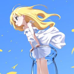 Rule 34 | 1girl, absurdres, album cover, bare shoulders, blonde hair, blue eyes, blue sky, blush, bouen, cover, dress, feet out of frame, floating hair, highres, long hair, looking to the side, open mouth, original, petals, sky, sleeveless, sleeveless dress, solo, white dress, wind