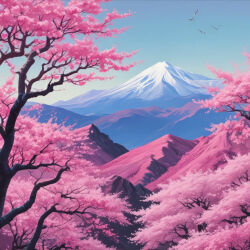 Rule 34 | cherry blossoms, highres, mountain, mountainous horizon, nature, non-web source, scenery, sky, tree