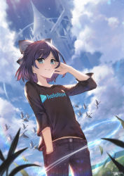 Rule 34 | 1girl, a-chan (hololive), bird, black shirt, blue bow, blue eyes, blue pants, blue sky, blurry, blurry foreground, blush, bow, breasts, castle, closed mouth, cloud, cloudy sky, commentary, copyright name, cowboy shot, day, denim, depth of field, english commentary, fantasy, grass, hair bow, hand in own hair, hand in pocket, highres, hololive, jeans, jun wei, light particles, looking at viewer, midriff peek, no eyewear, outdoors, pants, parted bangs, purple hair, rainbow, scenery, shirt, short hair, short sleeves, signature, sky, small breasts, smile, solo, t-shirt, virtual youtuber