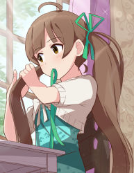 Rule 34 | 1girl, aqua dress, bare arms, brown eyes, brown hair, commentary, curtains, day, dress, green ribbon, hair ribbon, hakozaki serika, idolmaster, idolmaster million live!, idolmaster million live! theater days, indoors, long hair, looking to the side, mouth hold, ribbon, ribbon in mouth, solo, sweater, table, trinitro t, twintails, tying hair, upper body, wallpaper (object), white sweater, window