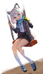 Rule 34 | 1girl, animal ear fluff, animal ears, aqua eyes, bad id, bad pixiv id, blue archive, full body, gloves, highres, jacket, kneehighs, long sleeves, looking at viewer, miniskirt, open clothes, open jacket, parted lips, sango 30, scarf, shiroko (blue archive), shirt, short hair, silver hair, single glove, skirt, socks, swing