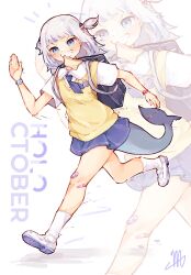 1girl bag bandaid bandaid_on_knee bandaid_on_leg blue_eyes blue_hair blue_neckerchief blue_skirt blunt_bangs blush bracelet bread bread_slice closed_mouth collared_shirt fins fish_tail food food_in_mouth full_body gawr_gura gawr_gura_(school_uniform) grey_hair hair_ornament highres hololive hololive_english jewelry late_for_school ma_draws medium_hair mouth_hold multicolored_hair neckerchief official_alternate_costume running school_bag school_uniform shark_girl shark_hair_ornament shark_tail sharp_teeth shirt shoes short_sleeves short_twintails signature skirt smile socks solo speed_lines streaked_hair sweater_vest tail teeth thighs toast toast_in_mouth twintails two-tone_hair uwabaki vest virtual_youtuber white_shirt white_socks yellow_sweater_vest yellow_vest