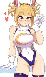 Rule 34 | 1girl, absurdres, animal ears, bare shoulders, blonde hair, blunt bangs, boku no hero academia, breasts, commentary, cosplay, covered navel, dashi (dashiart), double bun, fake animal ears, gloves, groin, hair bun, hand up, heart, highleg, highleg leotard, highres, leotard, looking at viewer, medium breasts, messy hair, mirko, mirko (cosplay), patreon username, rabbit ears, solo, symbol-only commentary, thighhighs, thighs, toga himiko, watermark, web address, white gloves, white leotard, yellow eyes