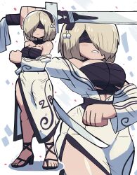 Rule 34 | !, 1girl, 2b (nier:automata), absurdres, artist name, bandaged chest, bandages, bare shoulders, black bandages, blonde hair, blush, breasts, bursting breasts, cleavage, cowboy shot, dot nose, dress, facing viewer, female focus, full body, grey hair, highres, holding, holding sword, holding weapon, japanese clothes, katana, kimono, large breasts, nier:automata, nier (series), sarashi, short hair, solo, standing, sword, teeth, thick thighs, thighs, tony welt, weapon, white background, white dress, white kimono, wide hips