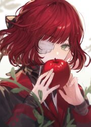 Rule 34 | 1girl, apple, black jacket, commentary, food, fruit, gauze on cheek, green eyes, holding, holding food, holding fruit, jacket, kanmei, limbus company, long sleeves, looking at viewer, plant, portrait, project moon, red hair, short hair, solo, symbol-only commentary, vines, yuri (project moon)