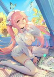 Rule 34 | 1girl, absurdres, azur lane, blue butterfly, breasts, bug, butterfly, center opening, cleavage, cross hair ornament, dress, flower, full body, gloves, hair ornament, half gloves, hat, highres, huge filesize, id card, indoors, insect, lanyard, large breasts, looking at viewer, nurse, nurse cap, open mouth, perseus (azur lane), perseus (unfamiliar duties) (azur lane), pink eyes, pink gloves, pink hair, short dress, solo, somna, sunflower, syringe, thighhighs, tray, white dress, white hat, white thighhighs, window