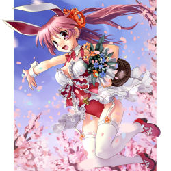 Rule 34 | 1girl, animal ears, breasts, cherry blossoms, cleavage, cuffs, earrings, fake animal ears, female focus, flower, full body, hair flower, hair ornament, jewelry, katahira masashi, leotard, nature, original, outdoors, petals, pink eyes, pink hair, playboy bunny, rabbit ears, sky, solo, thighhighs, white thighhighs