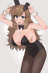 Rule 34 | 1girl, animal ears, aqua eyes, arms up, bare shoulders, black bow, black bowtie, black leotard, blush, bow, bowtie, breasts, breath, brown hair, brown pantyhose, character request, cleavage, commentary request, copyright request, covered navel, crotch seam, detached collar, fake animal ears, fake tail, grey background, highleg, highleg leotard, highres, korean commentary, large breasts, leotard, long hair, looking at viewer, mons pubis, nakta, open mouth, pantyhose, playboy bunny, rabbit ears, rabbit tail, sharp teeth, shiny clothes, sidelocks, solo, strapless, strapless leotard, sweat, tail, teeth, upper teeth only, v-shaped eyebrows, wrist cuffs