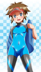 Rule 34 | 10s, 1boy, blue eyes, blush, bodysuit, brown hair, covered erect nipples, creatures (company), diving suit, from below, game freak, hikari (mitsu honey), looking at viewer, looking down, male focus, nate (pokemon), nintendo, open mouth, pokemon, pokemon bw2, smile, solo, standing, swimsuit, undressing, visor, visor cap, wetsuit