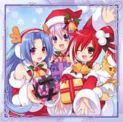 Rule 34 | 10s, 3girls, 5pb (neptunia), :d, ;d, absurdres, bare shoulders, bell, black eyes, blue hair, blush, bow, box, choujigen game neptune, christmas, detached collar, detached sleeves, gift, gift box, hair bobbles, hair ornament, hat, highres, holding, long hair, long sleeves, looking at viewer, mole, multiple girls, nail polish, neptune (neptunia), neptune (series), official art, one eye closed, open mouth, outstretched arm, outstretched arms, pink eyes, purple eyes, purple hair, red (neptunia), red hair, santa costume, santa hat, smile, snowflakes, tsunako, wide sleeves, wink