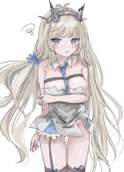 Rule 34 | 1girl, arm under breasts, bare shoulders, blue bow, blue eyes, blue necktie, blush, bow, breasts, detached collar, dress, garter straps, hair bow, headgear, highres, kantai collection, light brown hair, long hair, looking at viewer, maryland (kancolle), medium breasts, necktie, parted lips, simple background, single garter strap, solo, squiggle, strapless, strapless dress, suihell, thighhighs, torn clothes, very long hair, white background