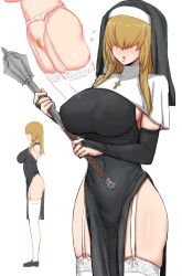 Rule 34 | blonde hair, breasts, covered eyes, cross, cross necklace, female pubic hair, garter belt, garter straps, gomu (chewinggom), habit, hidden eyes, highres, jewelry, large breasts, latin cross, lips, mace, multiple views, necklace, no panties, nun, pelvic curtain, pubic hair, sideboob, skindentation, thighhighs, weapon, white background