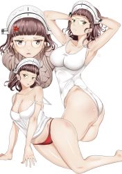 Rule 34 | 1girl, absurdres, blunt bangs, breasts, brown eyes, brown hair, chiyo goya, cleavage, eyewear strap, glasses, highres, kantai collection, large breasts, looking at viewer, one-piece swimsuit, panties, parted lips, red panties, ribbed sweater, roma (kancolle), short hair, solo, sweater, swimsuit, underwear, wavy hair, white background, white one-piece swimsuit