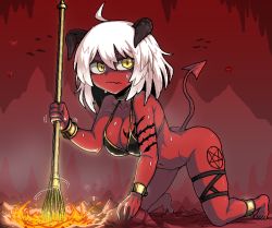 Rule 34 | 1girl, :/, ahoge, anklet, arm tattoo, bikini, bikini top only, bottomless, bracelet, breast tattoo, breasts, colored skin, demon girl, demon tail, doom (series), fang, fang out, formicid, giant, giantess, hair between eyes, hell, horns, jewelry, kneeling, leg tattoo, medium breasts, lava, original, pentagram, red background, red skin, red theme, short hair, skin fang, slit pupils, solo focus, stirring, sweat, swimsuit, tail, tattoo, thigh strap, whisk, white hair, yellow eyes
