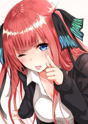 Rule 34 | 1girl, :p, absurdres, akanbe, black bow, black jacket, blue eyes, blush, bow, breasts, clenched hand, closed eyes, collared shirt, commentary request, eyelid pull, fingernails, fuu (fuore), go-toubun no hanayome, green nails, hair bow, hand up, highres, index finger raised, jacket, long hair, long sleeves, looking at viewer, medium breasts, nail polish, nakano nino, one eye closed, popped collar, red hair, shirt, solo, tongue, tongue out, two side up, upper body, white shirt