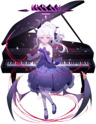 1girl black_halo black_horns blue_archive blush breasts commentary demon_horns dress earrings elbow_gloves evening_gown full_body gloves grand_piano halo highres hina_(blue_archive) hina_(dress)_(blue_archive) horns instrument jewelry long_hair looking_at_viewer medium_dress multiple_horns necklace official_alternate_costume official_alternate_hairstyle piano pink_eyes purple_dress purple_gloves simple_background small_breasts solo standing straight-on strapless strapless_dress transparent_background waste-man white_hair wings