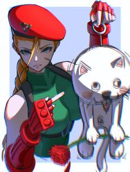 Rule 34 | 1girl, absurdres, animal ears, ap cammy, bare shoulders, blonde hair, blue eyes, breasts, cammy white, cat ears, cat tail, doll, fingerless gloves, flower, gloves, hat, highres, large breasts, leotard, long hair, rose, sleeveless, street fighter, tail