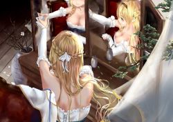 Rule 34 | 1girl, atelier (series), atelier ryza, atelier ryza 1, blonde hair, blush, braid, breasts, chair, closed mouth, commentary request, curtains, from above, from behind, gloves, green eyes, hairband, klaudia valentz, large breasts, leaf, long hair, mirror, partially fingerless gloves, petals, plant, potted plant, reflection, sitting, solo, vase, very long hair, white gloves, wooden floor, xia xue