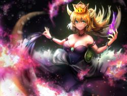 Rule 34 | 1girl, armlet, bare shoulders, black dress, blonde hair, blue eyes, blurry, bowsette, bracelet, breasts, cleavage, collar, commentary request, depth of field, dress, earrings, fire, glint, hair between eyes, harunatsu akifumi, highres, horns, jewelry, large breasts, long hair, mario (series), new super mario bros. u deluxe, nintendo, open mouth, ponytail, sharp teeth, shell, skirt hold, smile, solo, spiked armlet, spiked bracelet, spiked collar, spiked tail, spikes, strapless, strapless dress, super crown, tail, teeth, v-shaped eyebrows