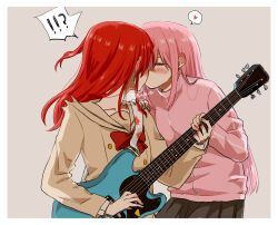 Rule 34 | !?, 2girls, belt, blush, bocchi the rock!, bow, breasts, closed eyes, commentary request, electric guitar, floral print, framed, from side, gibson les paul, gotoh hitori, guitar, hand on another&#039;s shoulder, heart, highres, holding, holding instrument, huzya ta, instrument, jacket, kiss, kita ikuyo, long hair, long sleeves, medium hair, multiple girls, music, neckerchief, pink hair, playing instrument, pleated skirt, ponytail, red hair, school uniform, side ponytail, sidelocks, signature, simple background, skirt, small breasts, surprise kiss, surprised, track jacket, track suit, twitter username, upper body, yuri