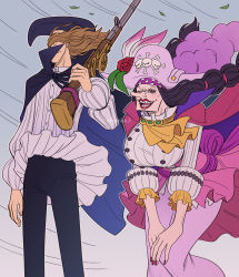 Rule 34 | 1boy, 1girl, arm at side, ascot, bent over, black hair, blouse, breasts, brown hair, cape, catarina devon, closed mouth, collared cape, covered eyes, feet out of frame, floating hair, flower, frilled sleeves, frills, gun, hair over eyes, hand up, hat, hat feather, hat flower, high collar, highres, holding, holding gun, holding weapon, large breasts, legs apart, lipstick, long hair, long nose, long sleeves, looking at viewer, makeup, nail polish, one eye closed, one piece, open mouth, over shoulder, pants, pirate, pirate hat, puffy long sleeves, puffy sleeves, red flower, red nails, red rose, rose, shirt, skull and crossbones, standing, twitter username, van augur, very long hair, weapon, weapon over shoulder, youkan (tako)