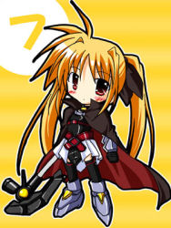 Rule 34 | 00s, 1girl, armor, asymmetrical hair, bardiche (assault form) (nanoha), bardiche (nanoha), belt, black dress, black thighhighs, blonde hair, blush, boots, buckle, cape, chibi, dress, fate testarossa, fate testarossa (lightning form), hair ribbon, hammer, holding, holding weapon, looking at viewer, lowres, lyrical nanoha, mahou shoujo lyrical nanoha, red eyes, ribbon, simple background, solo, spiked hair, thighhighs, weapon, yellow background, zettai ryouiki