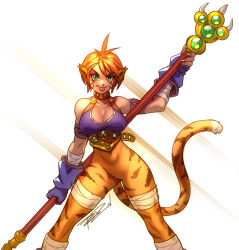 Rule 34 | 1girl, :p, animal ears, bandages, bottomless, breasts, breath of fire, breath of fire ii, capcom, claws, cleavage, facial mark, fingerless gloves, gloves, green eyes, no pussy, orange hair, rinpoo chuan, robaato, short hair, slit pupils, solo, staff, tail, tiger stripes, tongue, tongue out, weapon, whisker markings