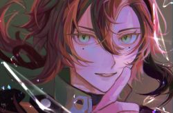 Rule 34 | 1boy, absurdres, black hair, broken glass, facial mark, genshin impact, glass, green eyes, grey hair, hair between eyes, highres, kitsunekotori, looking at viewer, male focus, multicolored hair, parted lips, ponytail, portrait, red hair, shikanoin heizou, signature, simple background, solo, streaked hair, thumbs up