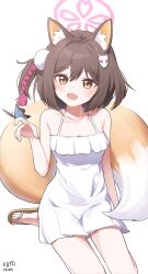 Rule 34 | 1girl, absurdres, alternate costume, animal ear fluff, animal ears, bare arms, bare shoulders, blue archive, blush, breasts, brown hair, dress, eyeshadow, fang, flip-flops, fox ears, fox girl, fox hair ornament, fox tail, hair ornament, halo, hand up, highres, izuna (blue archive), looking at viewer, makeup, myeolchi, off-shoulder dress, off shoulder, open mouth, pink eyeshadow, pom pom (clothes), pom pom hair ornament, revision, sandals, short hair, sleeveless, sleeveless dress, small breasts, smile, solo, sundress, tail, white background, white dress, yellow eyes