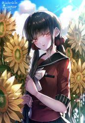 1girl adjusting_hair artist_name black_hair black_skirt blue_sky blunt_bangs blush cloud cloudy_sky commentary_request danganronpa_(series) danganronpa_v3:_killing_harmony day field flower flower_field hair_ornament hair_scrunchie harukawa_maki holding holding_own_hair long_hair looking_at_viewer low_twintails mole mole_under_eye open_mouth outdoors parted_lips pleated_skirt red_eyes red_scrunchie red_shirt ribbon school_uniform scrunchie serafuku shirt skirt sky solo star_(symbol) star_print sunflower sunflower_field twintails twitter_username upper_body very_long_hair white_ribbon yellow_flower z-epto_(chat-noir86)