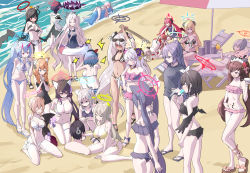 Rule 34 | &gt; &lt;, 1boy, 6+girls, ?, absurdly long hair, ahoge, akari (blue archive), ako (blue archive), alternate costume, alternate hairstyle, anger vein, animal ear fluff, animal ears, armpits, arms behind back, arms up, ayane (blue archive), ayane (swimsuit) (blue archive), azusa (blue archive), azusa (swimsuit) (blue archive), bare shoulders, beach, bead necklace, beads, belt, bikini, black bikini, black hair, black hairband, black one-piece swimsuit, black shirt, black wings, blue archive, blue eyes, blue hair, blush, blush stickers, breasts, buried, cat ears, chise (blue archive), chise (swimsuit) (blue archive), cleavage, closed eyes, closed mouth, collarbone, commentary request, competition swimsuit, cup, dark skin, demon horns, demon wings, drinking glass, eyewear on head, flip-flops, flower, flying sweatdrops, food, food in mouth, fox ears, fox tail, frilled bikini, frilled one-piece swimsuit, frills, from above, from behind, full body, green eyes, grey background, grey hair, hair between eyes, hair flower, hair ornament, hairband, hairclip, halo, haruna (blue archive), haruna (swimsuit) (blue archive), heart, highres, hina (blue archive), hina (swimsuit) (blue archive), holding, holding cup, holding plate, holding sword, holding weapon, horns, hoshino (blue archive), hoshino (swimsuit) (blue archive), index fingers together, iori (blue archive), iori (swimsuit) (blue archive), izumi (blue archive), izumi (swimsuit) (blue archive), jewelry, junko (blue archive), kneeling, large breasts, long hair, looking at another, low wings, lying, maid headdress, mari (blue archive), mari (swimsuit) (blue archive), mashiro (blue archive), mashiro (swimsuit) (blue archive), mimori (blue archive), mimori (swimsuit) (blue archive), mismatched pupils, multi-strapped bikini bottom, multiple girls, navel, necklace, nonomi (blue archive), nonomi (swimsuit) (blue archive), ocean, octopus, off-shoulder bikini, off shoulder, on back, on stomach, one-piece swimsuit, orange hair, own hands clasped, own hands together, parasol, pink bikini, pink hair, plate, ponytail, popsicle, popsicle in mouth, puff of air, purple eyes, purple hair, red bikini, red eyes, sandals, school swimsuit, sensei (blue archive), serika (blue archive), serika (swimsuit) (blue archive), shaded face, shiroko (blue archive), shiroko (swimsuit) (blue archive), shirt, shizuko (blue archive), shizuko (swimsuit) (blue archive), short sleeves, side-tie bikini bottom, sidelocks, sitting, smile, spaghetti strap, squatting, squiggle, standing, stomach, striped bikini, striped clothes, sunglasses, sweatdrop, swimsuit, sword, tail, thighlet, tonomiya68, top-down bottom-up, trapped, tsurugi (blue archive), tsurugi (swimsuit) (blue archive), twintails, two side up, umbrella, very long hair, wakamo (blue archive), wakamo (swimsuit) (blue archive), walking, wariza, weapon, white bikini, winged halo, wings, wooden sword, yellow bikini, yellow eyes, yuuka (blue archive)