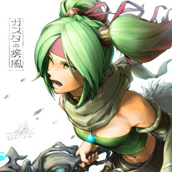 Rule 34 | 1girl, abs, armlet, bare shoulders, breasts, cleavage, commentary, cowboy shot, dated, delta (delta0127), detached sleeves, duel monster, gradient hair, green eyes, green hair, green scarf, green sleeves, green tube top, groin, hair ribbon, headband, highres, holding, holding staff, long hair, medallion, midriff, multicolored hair, navel, open mouth, orange hair, parted bangs, parted hair, red headband, red ribbon, reeze whirlwind of gusto, ribbon, scarf, sidelocks, signature, simple background, single detached sleeve, small breasts, solo, staff, standing, strapless, symbol-shaped pupils, teeth, tube top, twintails, white background, yu-gi-oh!