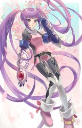 Rule 34 | 1girl, artist name, blue gloves, blunt bangs, commentary, elbow gloves, falling petals, floating, floating hair, flower, full body, gauntlets, gloves, highres, long hair, petals, purple eyes, purple hair, solo, sophie (tales), tales of (series), tales of graces, tra65004535, twintails, very long hair