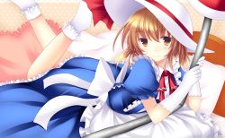 Rule 34 | 1girl, ajiriko, bad id, bad pixiv id, bed, blonde hair, bow, bowtie, gloves, hat, highres, kana anaberal, long hair, looking at viewer, lying, on stomach, smile, solo, touhou, touhou (pc-98), white gloves, white legwear, yellow eyes