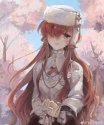 1girl absurdres blue_eyes blue_sky book cross_tie fei_zou_yi_guo_gezi flower fur_hat hat highres holding holding_book long_hair long_sleeves looking_at_viewer open_book outdoors pink_flower red_hair reverse:1999 shirt sky smile solo straight-on tree upper_body ushanka weibo_logo weibo_watermark white_hat white_shirt yenisei_(reverse:1999)