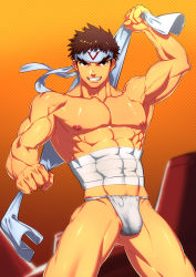 Rule 34 | 1boy, abs, armored warriors, brown eyes, brown hair, bulge, capcom, crotch, cyberbots, fundoshi, headband, highres, japanese clothes, looking at viewer, lvlv, male focus, muscular, nipples, pectorals, saotome jin, topless male, smile, solo, teeth, underwear