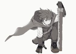Rule 34 | 1boy, boku no hero academia, boots, cape, commentary request, freckles, gloves, greyscale, hand on ground, highres, holding, holding sword, holding weapon, kuwanosisyamo, long sleeves, looking at viewer, male focus, medieval, midoriya izuku, monochrome, official alternate costume, on one knee, open mouth, pants, shirt, short hair, simple background, solo, sword, weapon, white background