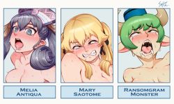 Rule 34 | 3girls, artist name, blonde hair, breasts, cleavage, green hair, hat, highres, horns, kakegurui, melia antiqua, multiple girls, open mouth, ransomgram monster, saotome mary, silver hair, simple background, splicerfink, star vs the forces of evil, tagme, xenoblade chronicles 1, xenoblade chronicles (series)