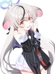 Rule 34 | 1girl, animal ears, bazz000033, blue archive, blue halo, cleavage cutout, clothing cutout, dress, duplicate, grey hair, halo, highres, kokona (blue archive), long hair, long sleeves, looking at viewer, multicolored hair, open mouth, orange eyes, pelvic curtain, pixel-perfect duplicate, simple background, skirt, solo, streaked hair, striped clothes, striped dress, thighs, vertical-striped clothes, vertical-striped dress, very long hair, white background, white skirt