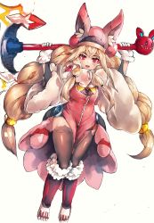 Rule 34 | 1girl, absurdres, animal ears, axe, blonde hair, boots, braid, fake animal ears, fangs, hair tie, hat, highres, long hair, looking at viewer, maido mido, open mouth, original, red eyes, shiratan, solo, thighhighs, twintails, very long hair, weapon, white background