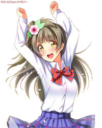 Rule 34 | 10s, 1girl, :d, arms up, blush, bow, bowtie, brown hair, dated, highres, long hair, looking at viewer, love live!, love live! school idol project, minami kotori, open mouth, petticoat, school uniform, skirt, smile, solo, song name, susume tomorrow, white background, yellow eyes, yu-ta