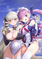 Rule 34 | 2girls, :o, ;d, absurdres, adapted costume, alcohol, azur lane, bare shoulders, blush, braid, breasts, cleavage, crystal shoujo, cup, cupping glass, drinking glass, elbow gloves, formidable (azur lane), frills, gloves, groin, hair ribbon, highres, holding, holding cup, hololive, large breasts, long hair, long sleeves, looking at viewer, minato aqua, multicolored hair, multiple girls, nail polish, one-piece swimsuit, one eye closed, open mouth, parted lips, purple eyes, purple hair, red eyes, ribbon, smile, swimsuit, thighhighs, twintails, two-tone hair, two-tone ribbon, very long hair, virtual youtuber, white gloves, white legwear